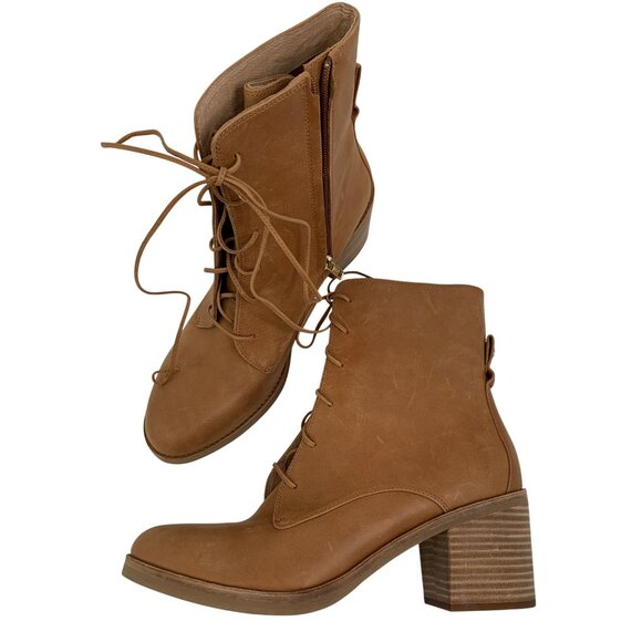Rare UGG Womens Oriana Size 12 Tan Leather Lace-Up Zip Ankle Boots Stacked Heel - Picture 2 of 16